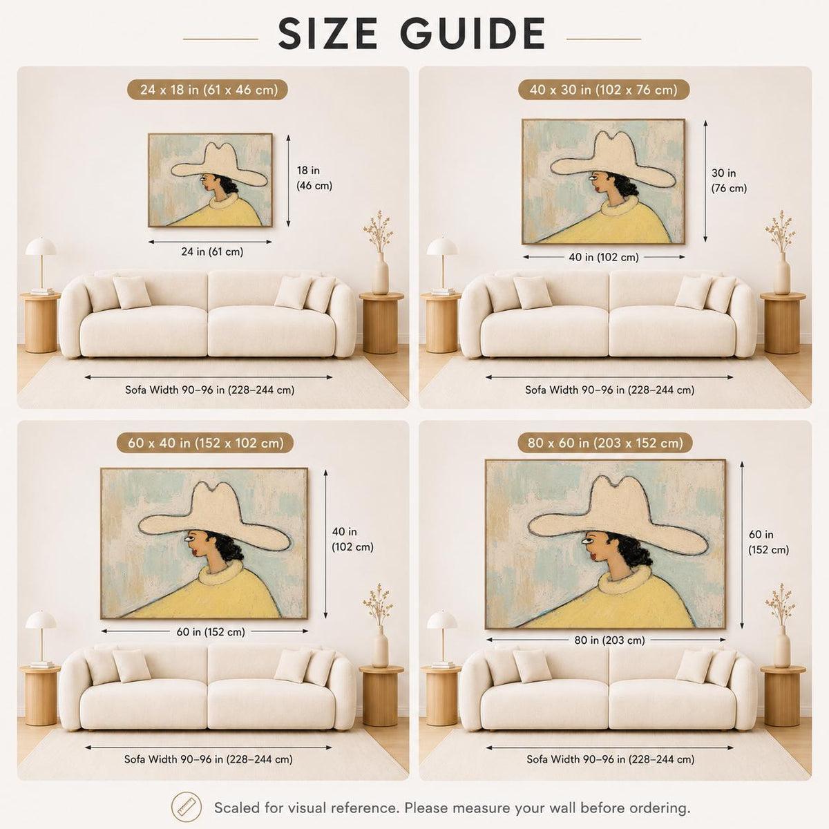 May include: A size guide infographic featuring four illustrations of a wall art print depicting a person in a wide-brimmed hat above a sofa. Dimensions shown include 24x18 in, 40x30 in, 60x40 in, and 80x60 in, with sofa widths of 90-96 inches.