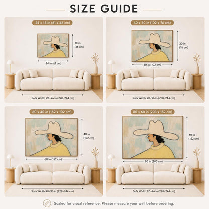 May include: A size guide infographic featuring four illustrations of a wall art print depicting a person in a wide-brimmed hat above a sofa. Dimensions shown include 24x18 in, 40x30 in, 60x40 in, and 80x60 in, with sofa widths of 90-96 inches.
