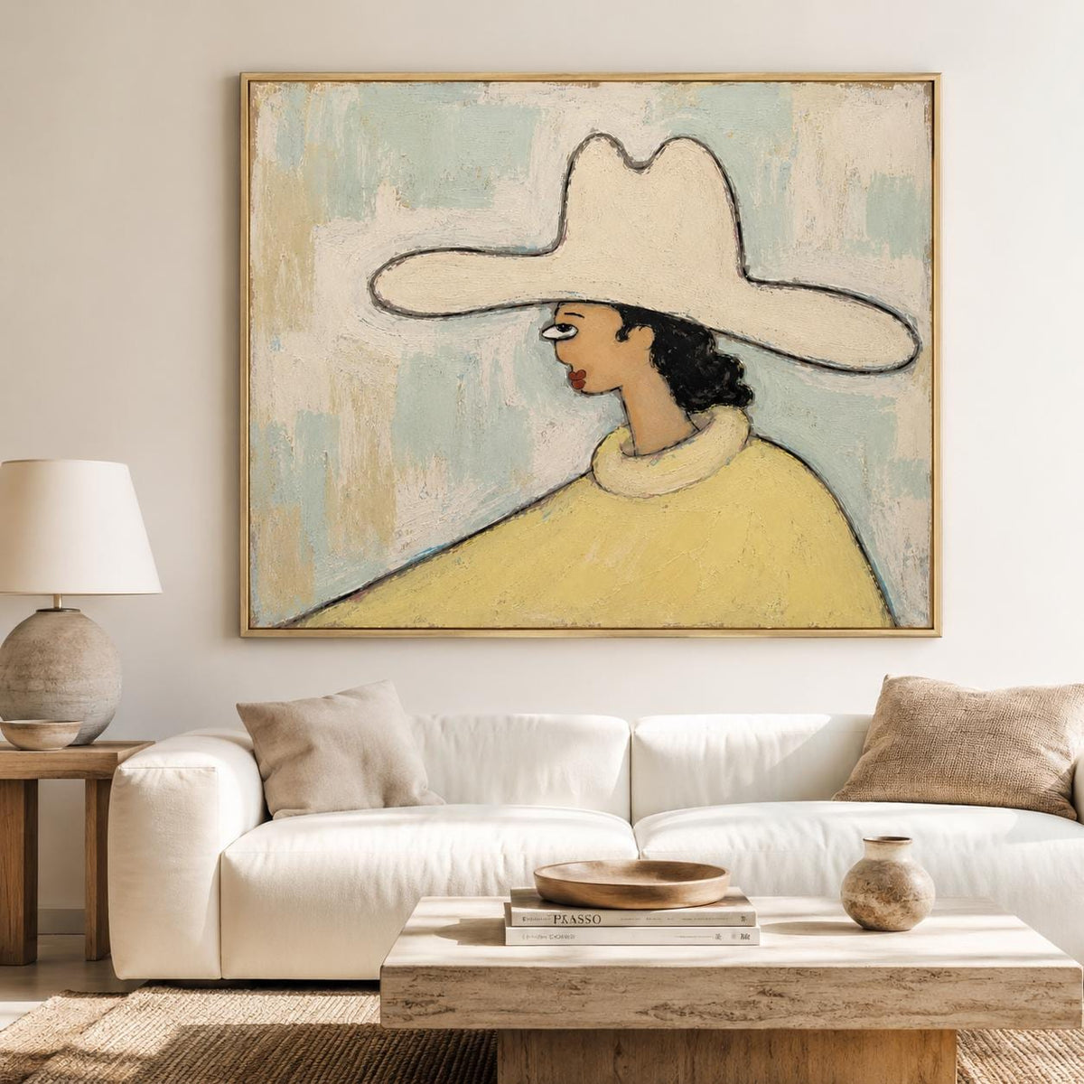 May include: A rectangular wall art piece featuring a stylized painting of a figure in profile wearing a wide-brimmed cream hat and a yellow sweater. The background consists of textured, muted blue and off-white brushstrokes in a thick frame.