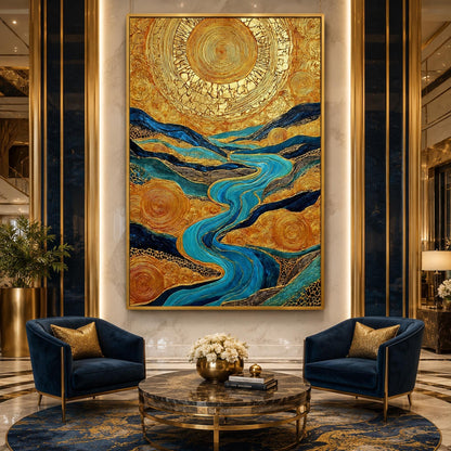 Turquoise and Amber Impasto Celestial 3D Texture Wall Art