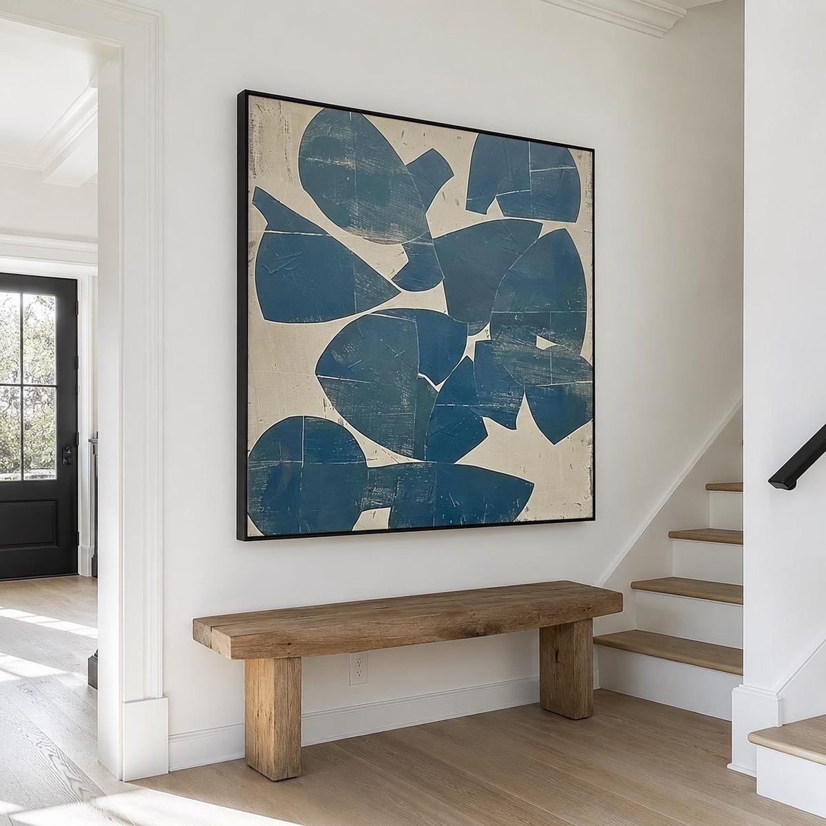 Blue Organic Shape Wall Art Beige Abstract Canvas Painting for Modern Living Room Decor