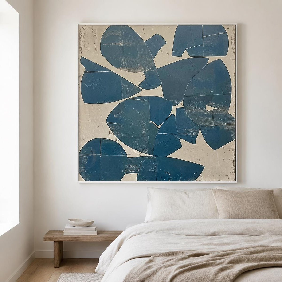 Blue Organic Shape Wall Art Beige Abstract Canvas Painting for Modern Living Room Decor