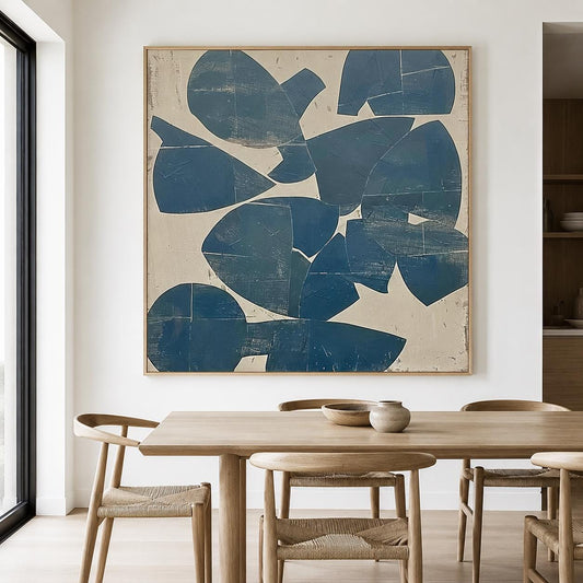 Blue Organic Shape Wall Art Beige Abstract Canvas Painting for Modern Living Room Decor