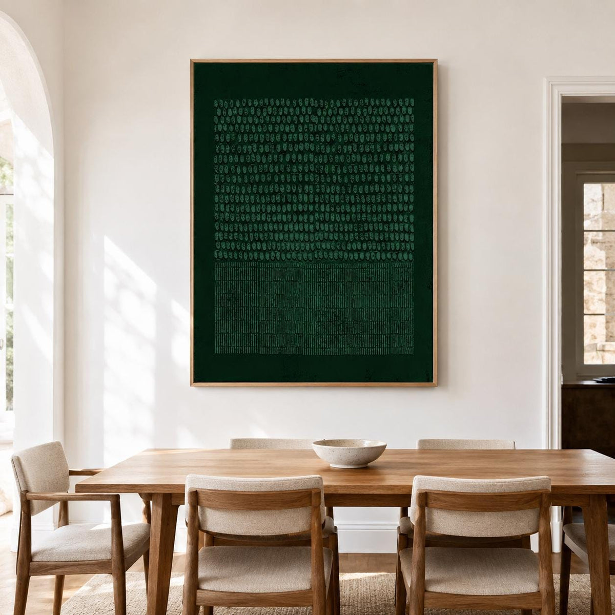Forest Green Wabi Sabi Wall Art Dot Line Texture Painting for Modern Office Decor
