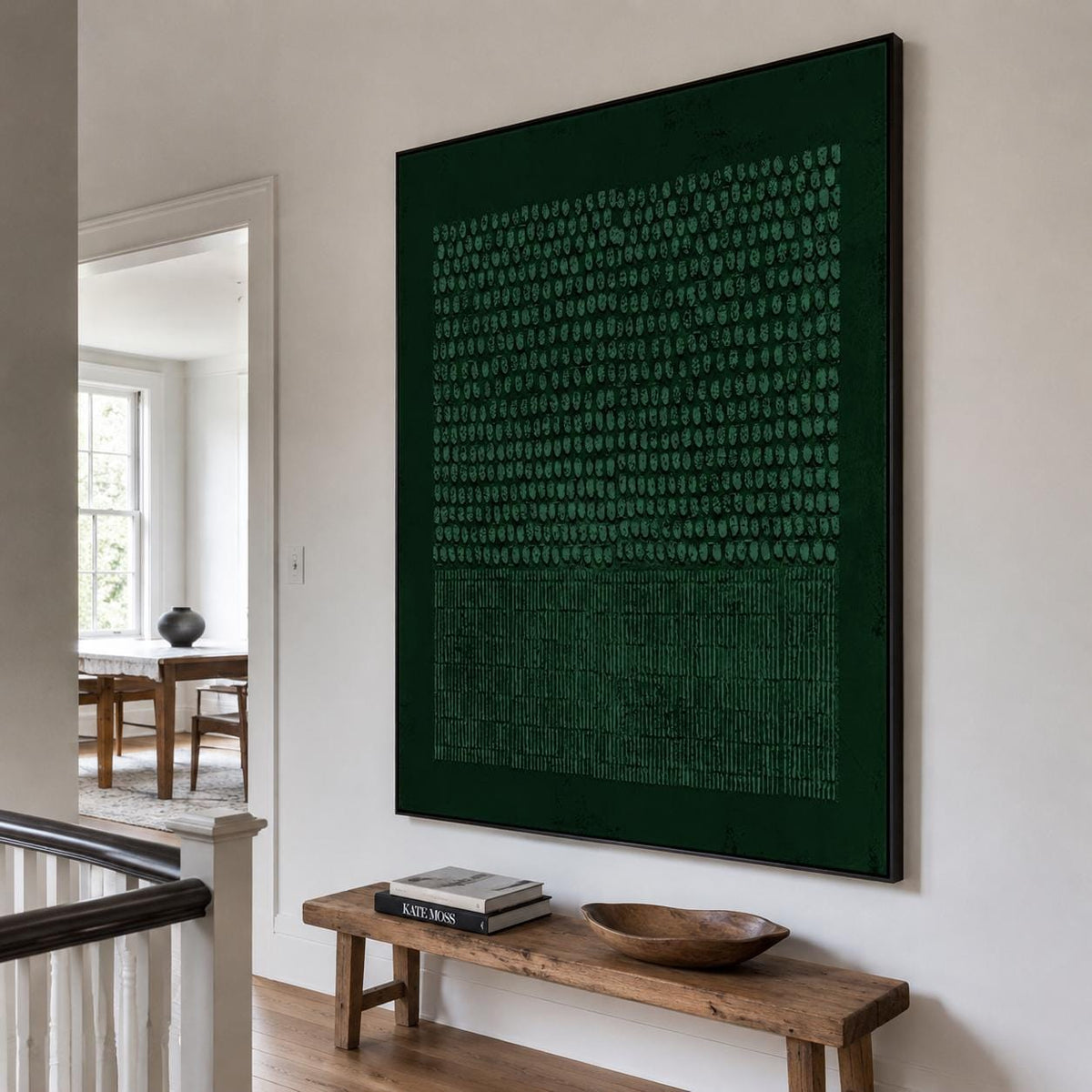 Forest Green Wabi Sabi Wall Art Dot Line Texture Painting for Modern Office Decor