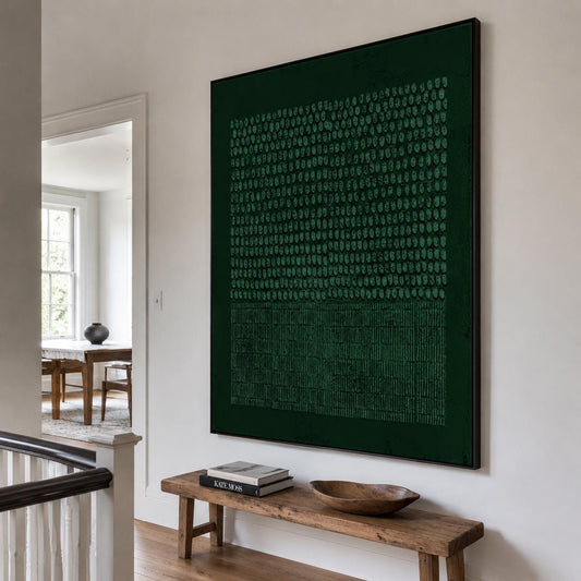 Forest Green Wabi Sabi Wall Art Dot Line Texture Painting for Modern Office Decor