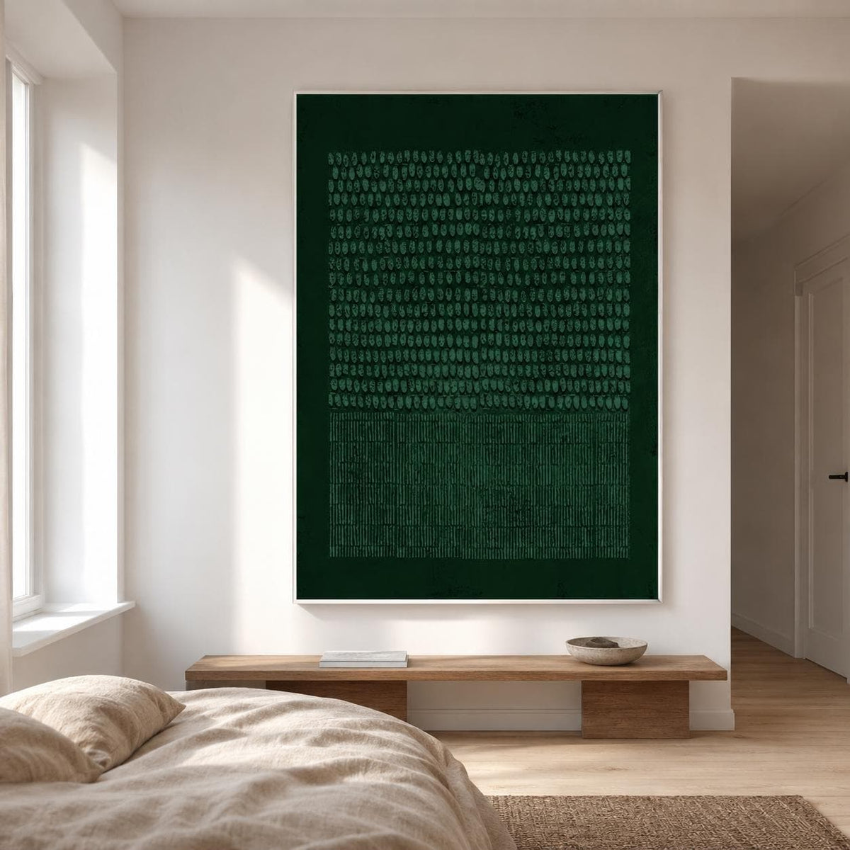 Forest Green Wabi Sabi Wall Art Dot Line Texture Painting for Modern Office Decor