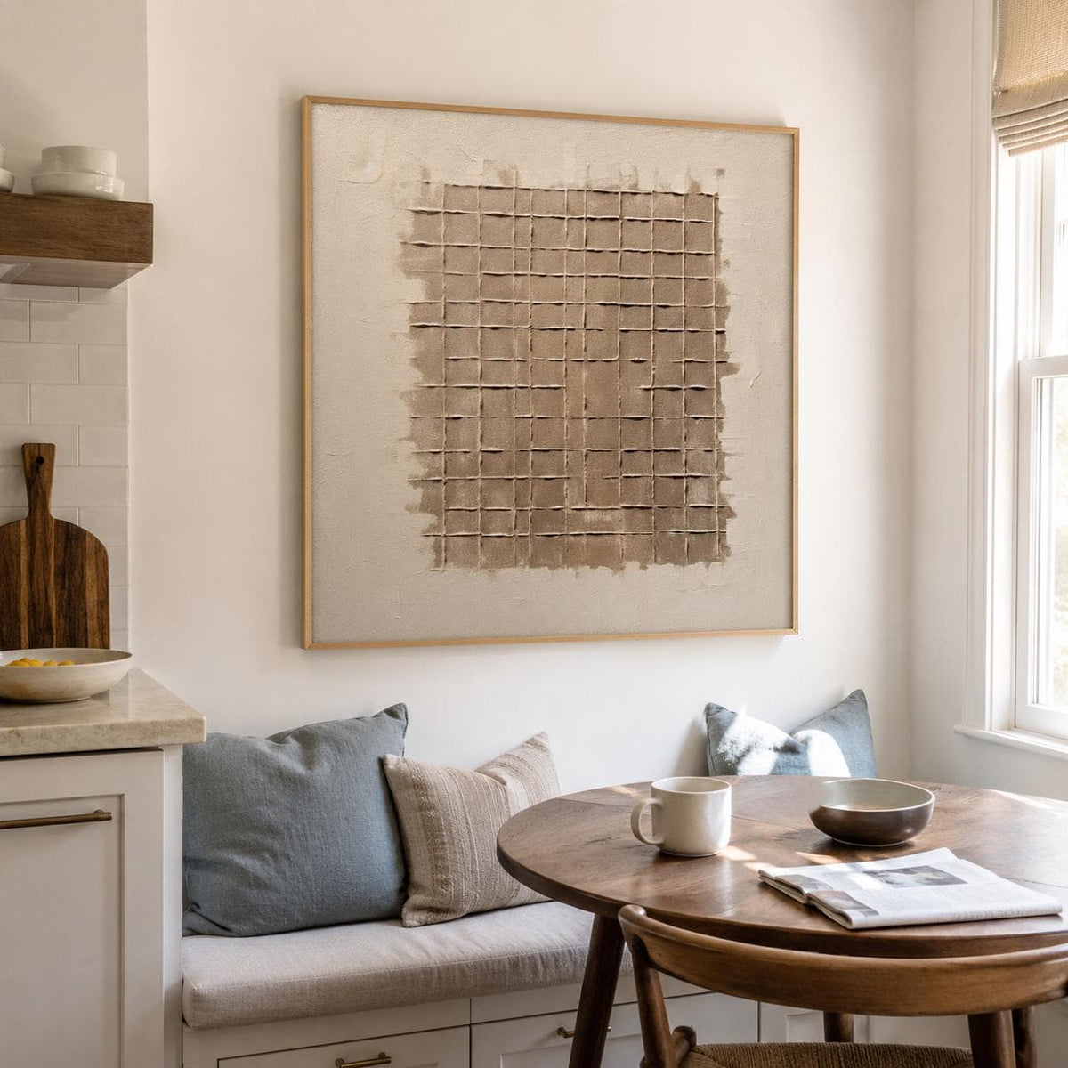 Beige Brown Wabi Sabi Wall Art Grid Texture Canvas Painting for Modern Entryway Decor