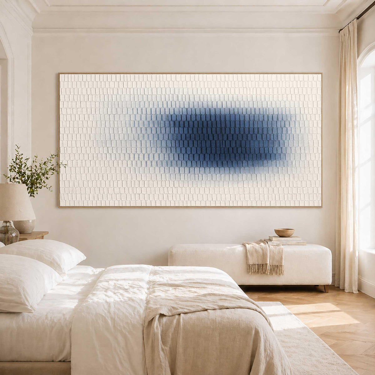 May include: A large rectangular wall art piece featuring a textured grid of small, raised white squares. The center of the canvas displays a horizontal gradient of deep blue pigment that fades into the surrounding white textured surface.