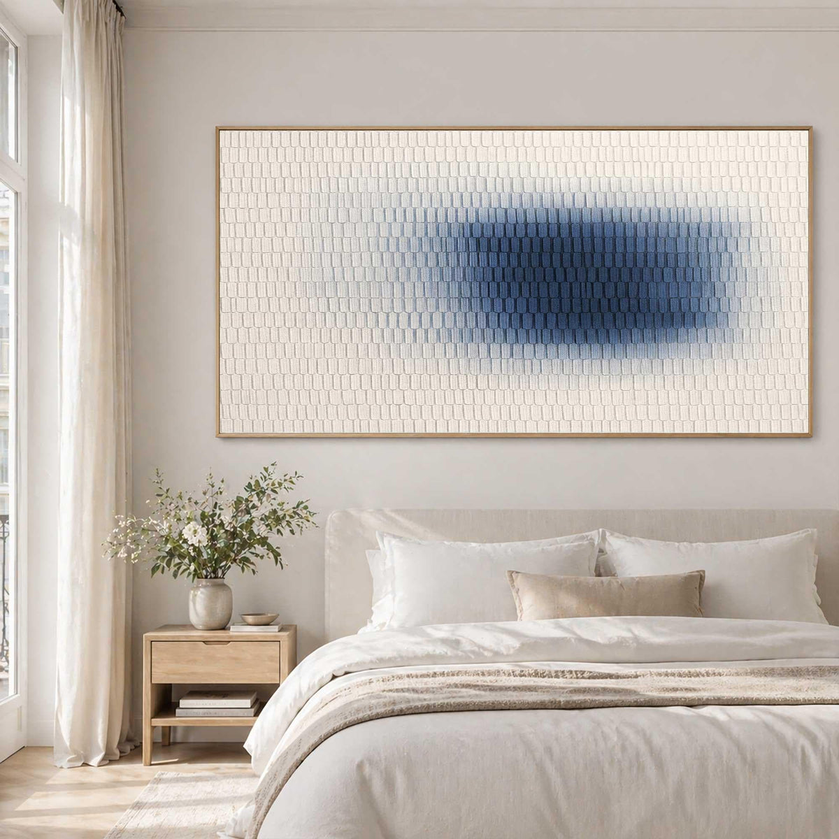 May include: A large rectangular wall art piece featuring a textured surface of small, repeating vertical white rectangular shapes. The center of the artwork displays a soft, gradient transition from white to a deep, saturated blue color.