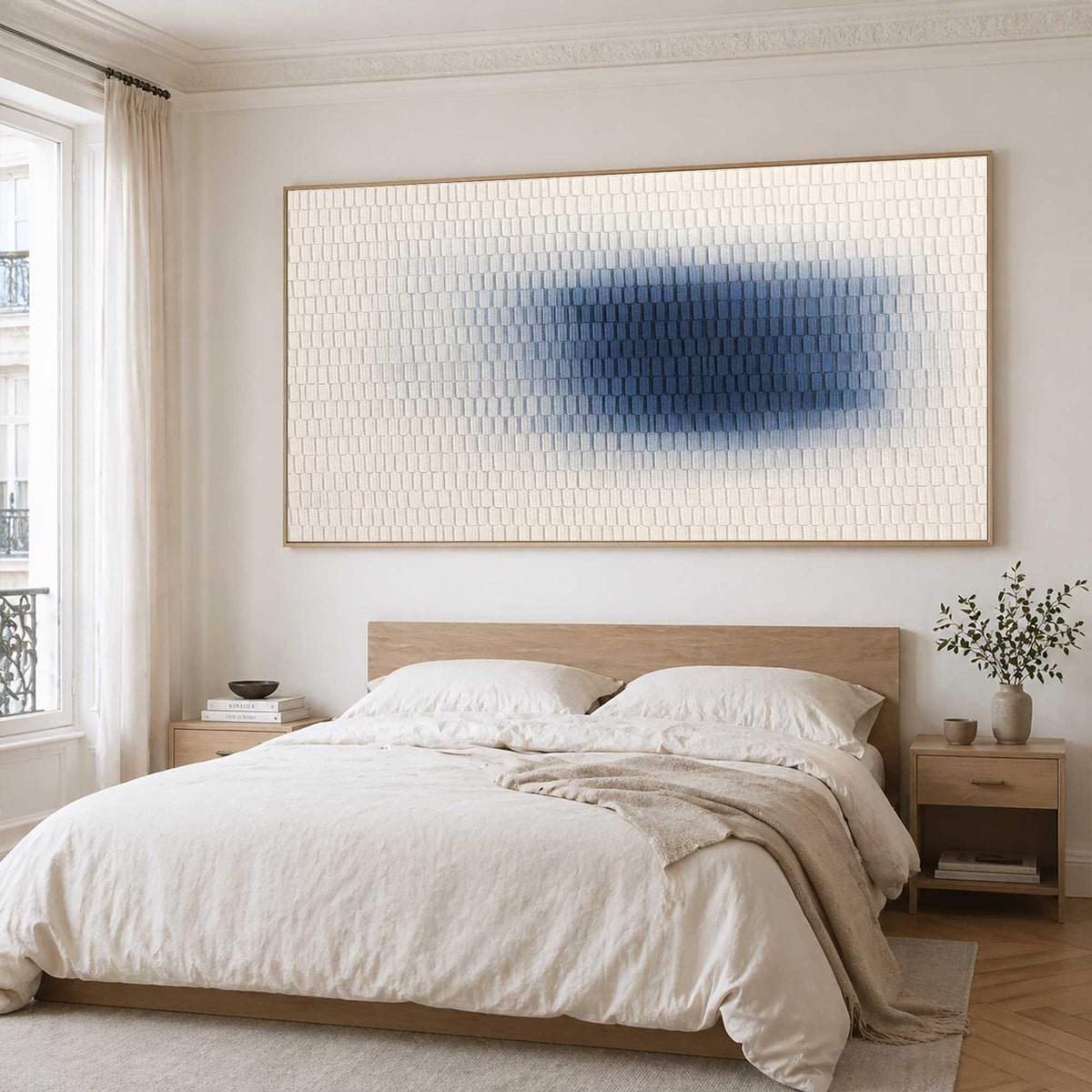 May include: A large rectangular wall art piece featuring a textured grid of small, raised off-white squares. The center of the canvas displays a horizontal gradient of blue paint that fades from a deep navy at the core to lighter shades of blue.