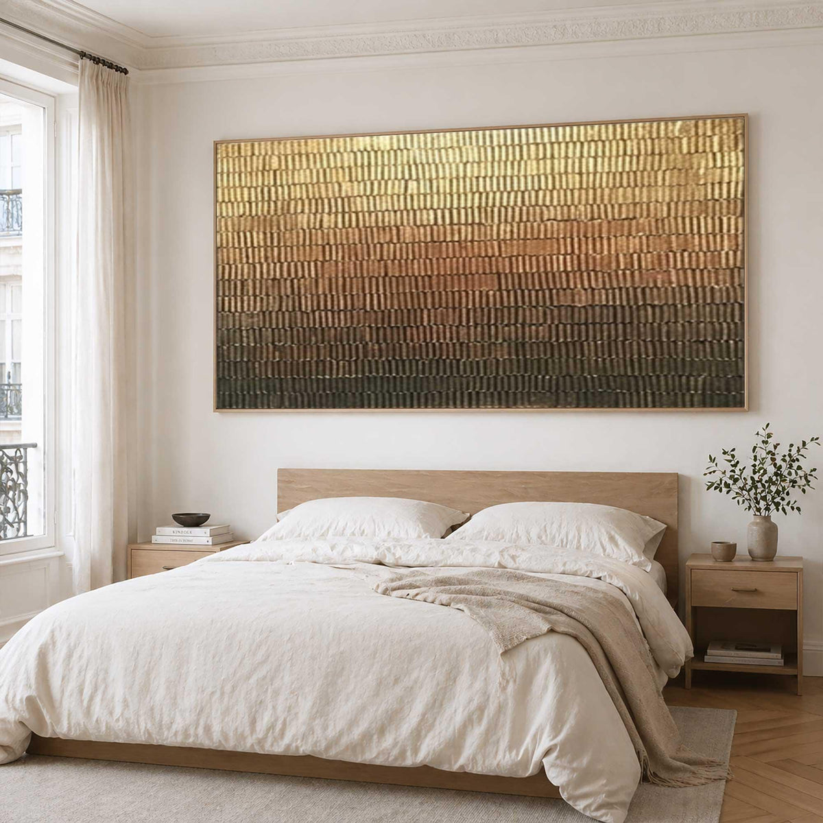 May include: A large rectangular wall art piece featuring a textured gradient pattern that transitions from a bright metallic gold at the top, through shades of copper and bronze, to a deep dark brown at the bottom, framed in a light wood border.