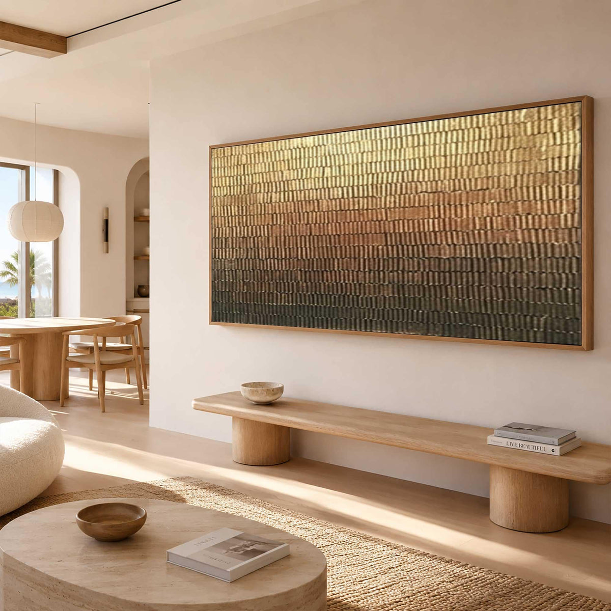 May include: A large rectangular wall art piece featuring a textured gradient of metallic gold, copper, and dark bronze vertical brushstrokes. The painting is framed in a light wood border and displays a repeating pattern of short, raised paint strokes.