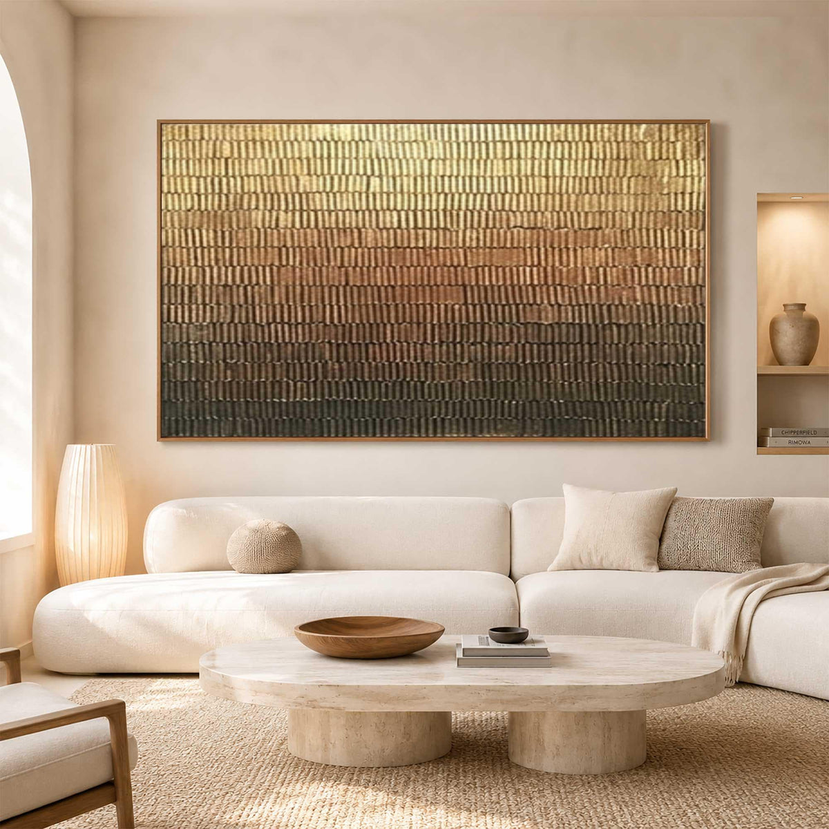 May include: A large rectangular wall art piece featuring a textured gradient pattern that transitions from metallic gold at the top to copper, bronze, and dark brown at the bottom, framed in a thin wooden border and mounted on a neutral wall.
