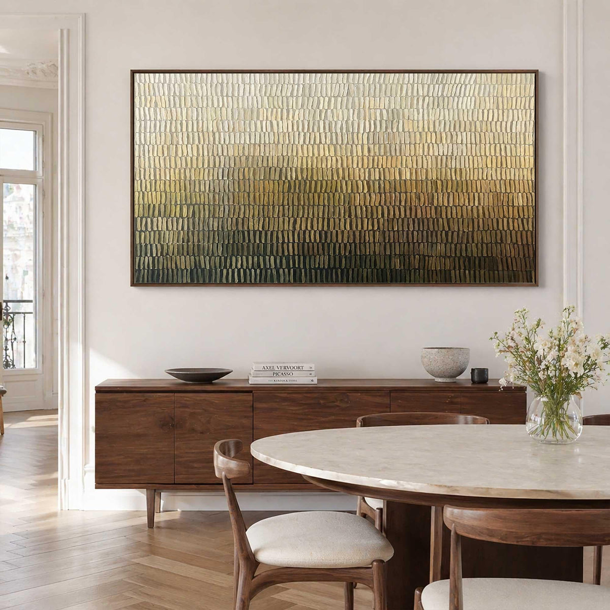 May include: A large rectangular wall art piece featuring a textured gradient pattern that transitions from a light cream color at the top to a deep dark brown at the bottom, composed of numerous small vertical brushstrokes across the canvas.