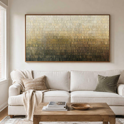 May include: A large rectangular canvas painting featuring a textured gradient of vertical brushstrokes. The color palette transitions from a light cream at the top, through shades of gold and bronze, to a deep dark brown at the bottom edge.