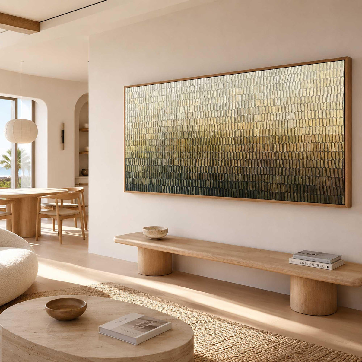 May include: A large rectangular wall art piece featuring a textured gradient pattern of vertical brushstrokes. The colors transition from a light cream and metallic gold at the top to a deep, dark charcoal and black at the bottom, framed in wood.