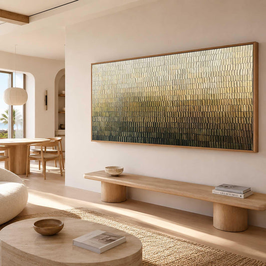 May include: A large rectangular wall art piece featuring a textured gradient pattern of vertical brushstrokes. The colors transition from a light cream and metallic gold at the top to a deep, dark charcoal and black at the bottom, framed in wood.