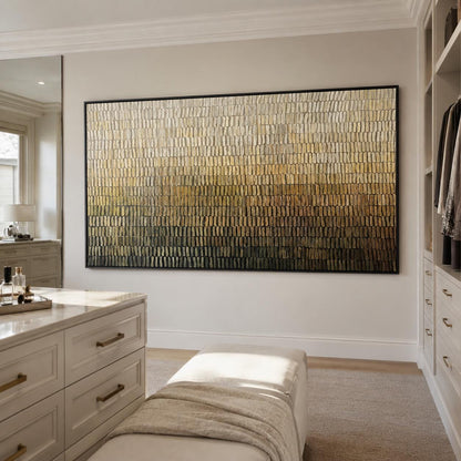 May include: A large rectangular wall art piece featuring a textured gradient of vertical brushstrokes that transition from a light cream at the top to a deep charcoal black at the bottom, framed in a thin black border and mounted on a wall.