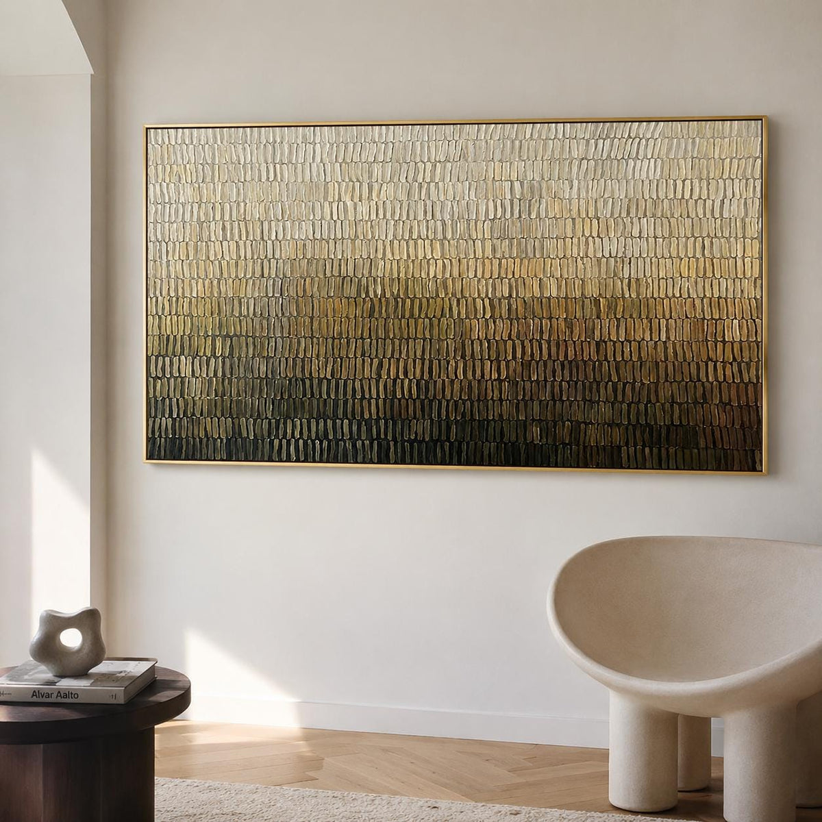 May include: A large rectangular wall art piece featuring a textured impasto painting with a vertical gradient transition. The color palette shifts from a light cream at the top, through shades of gold and bronze, to a deep dark brown at the bottom.