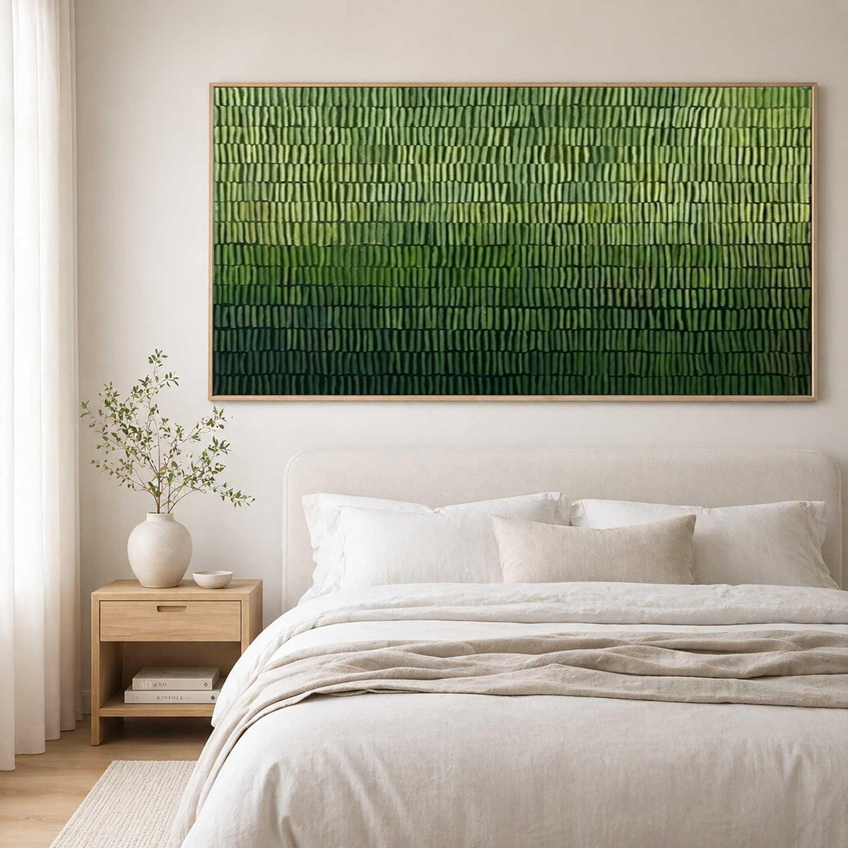 May include: A large rectangular wall art piece featuring a textured, horizontal gradient of green shades, ranging from light lime green at the top to deep forest green at the bottom, composed of numerous small, vertical, raised brushstroke-like marks.