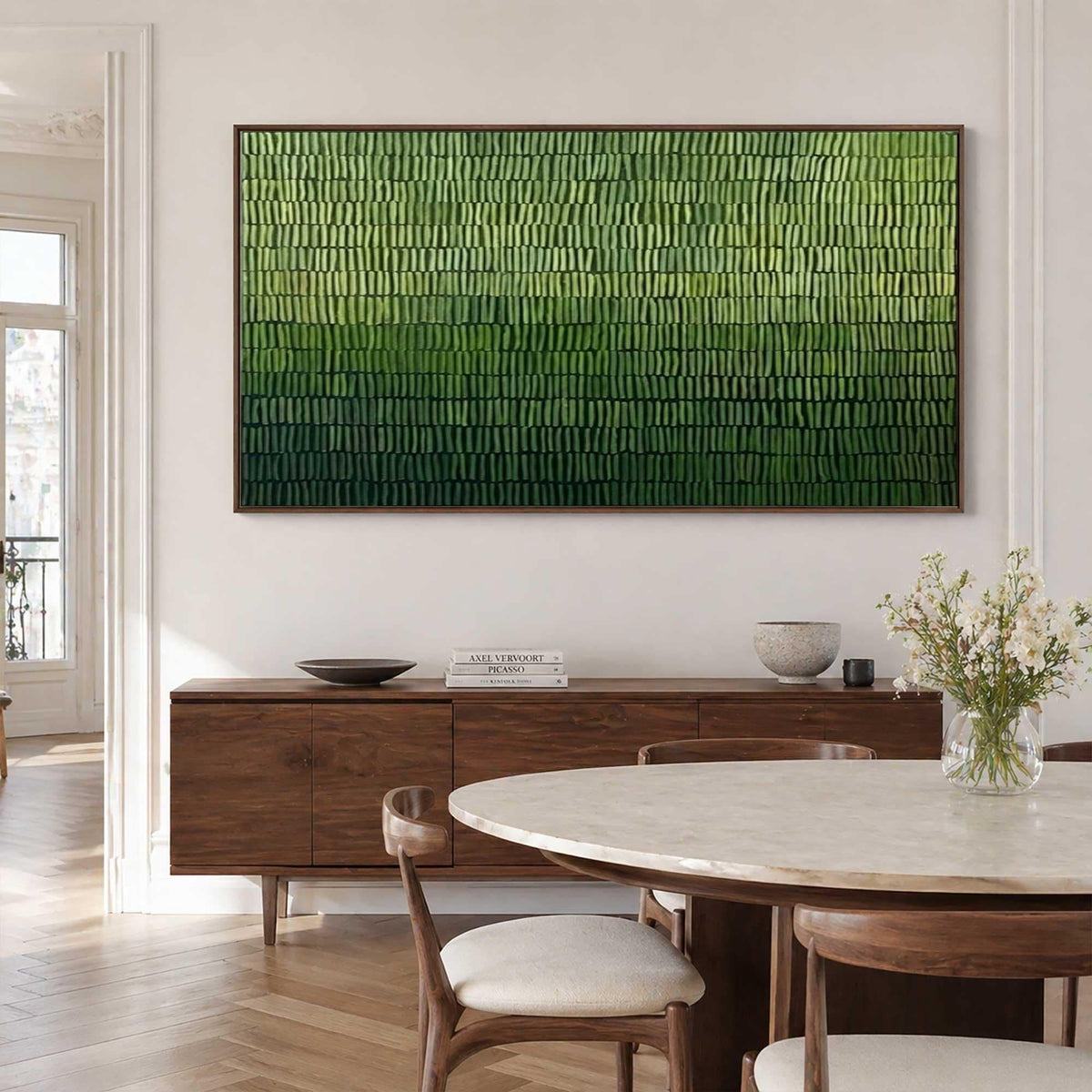 May include: A large rectangular wall art piece featuring a textured, vertical brushstroke pattern in a gradient of green shades, transitioning from light lime green at the top to a deep, dark forest green at the bottom, framed in a thin dark wood.