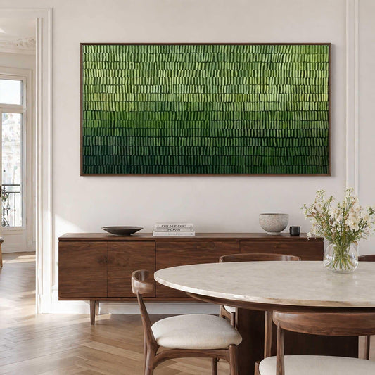 May include: A large rectangular wall art piece featuring a textured, vertical brushstroke pattern in a gradient of green shades, transitioning from light lime green at the top to a deep, dark forest green at the bottom, framed in a thin dark wood.
