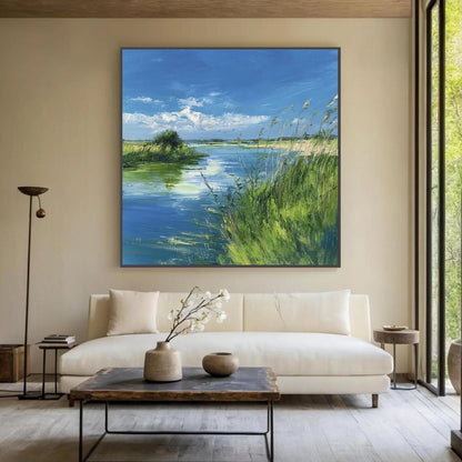 Blue and Emerald Impressionist River Landscape Wall Art