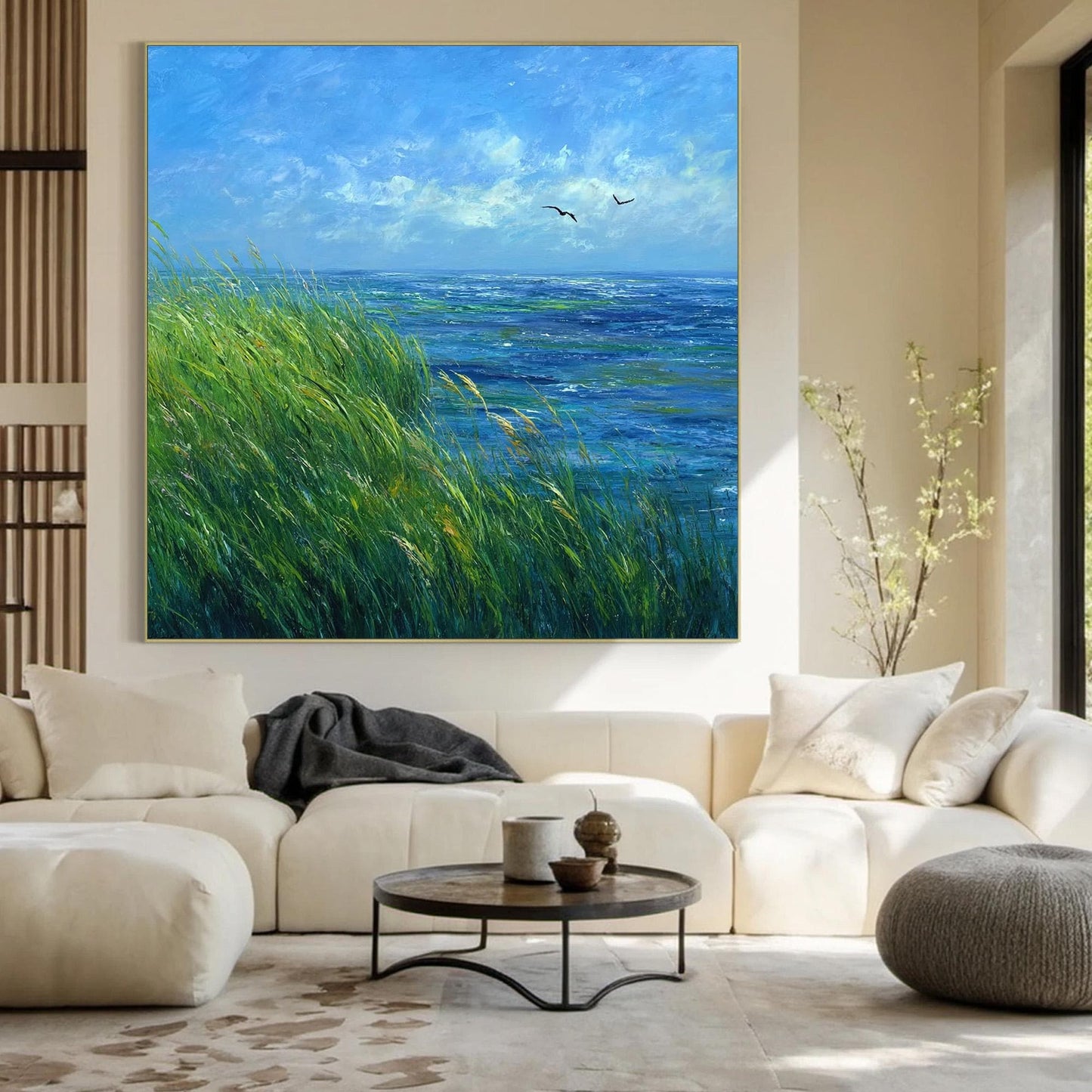 Blue and Green Impasto Seagull Animal Wall Art Oil Painting