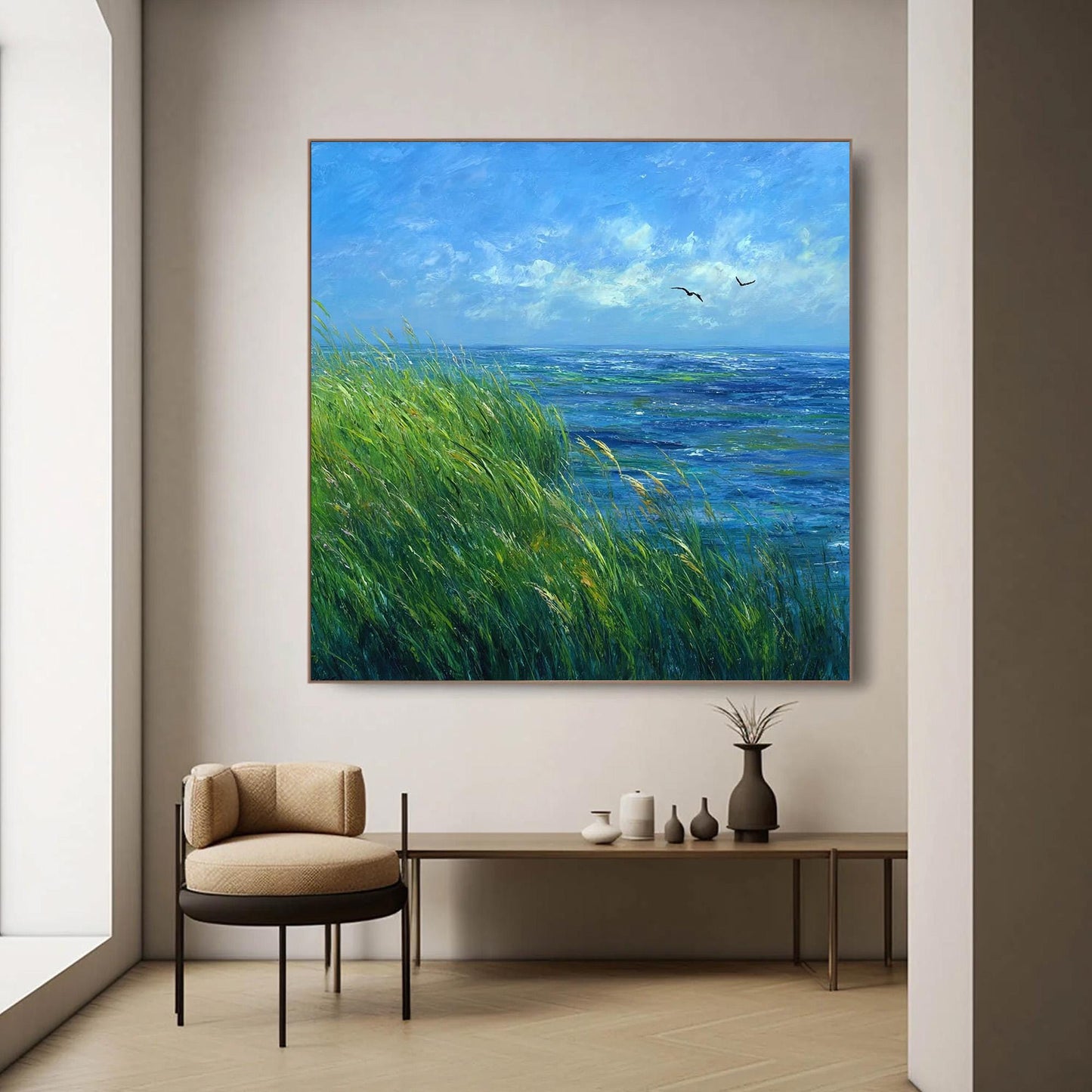 Original – Blue and Green Bird Animal Wall Art | Impasto Oil Painting, view 1