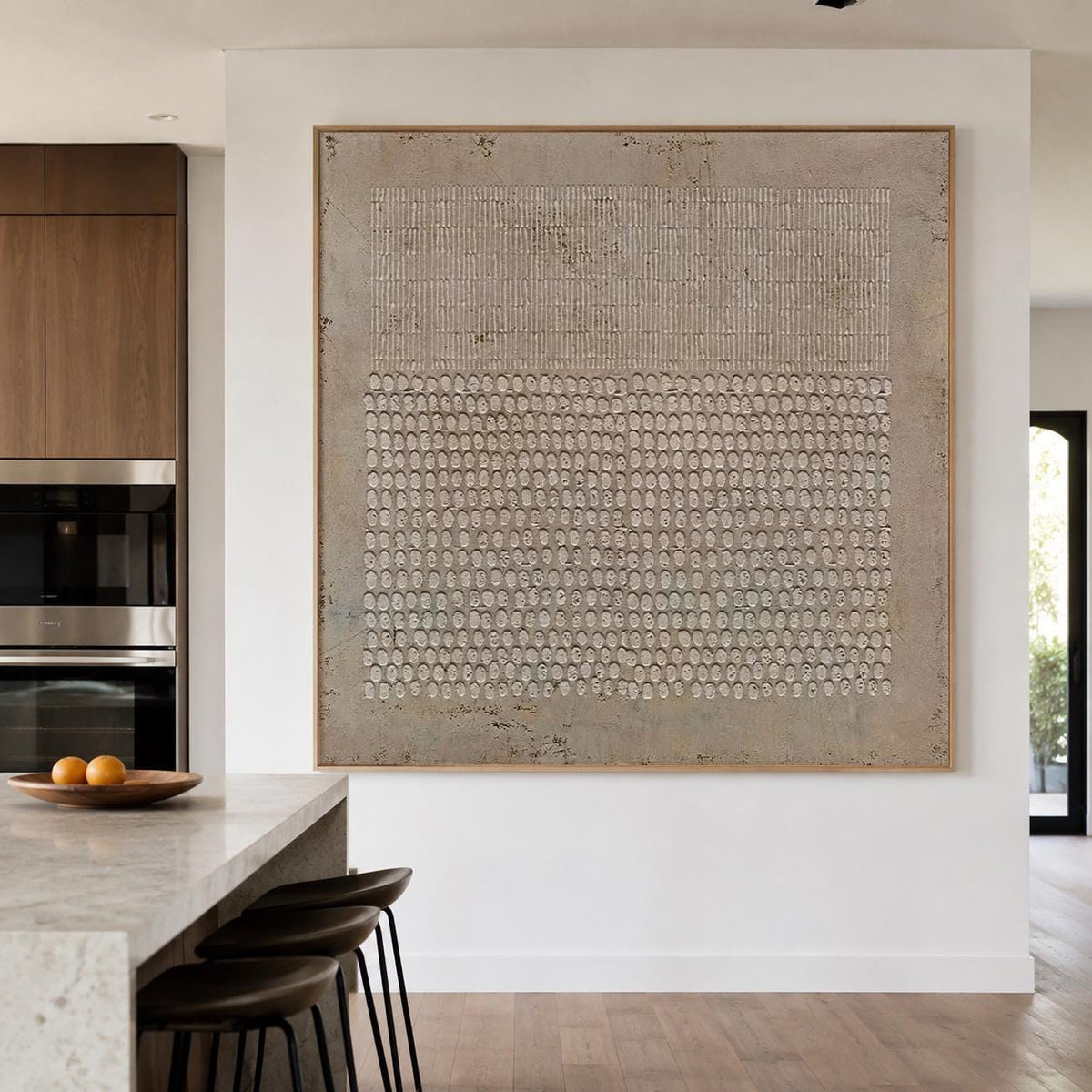 May include: A large square wall art piece featuring a textured beige and taupe surface. The upper section displays a pattern of vertical lines, while the lower section consists of a dense grid of small, raised circular shapes within a wooden frame.