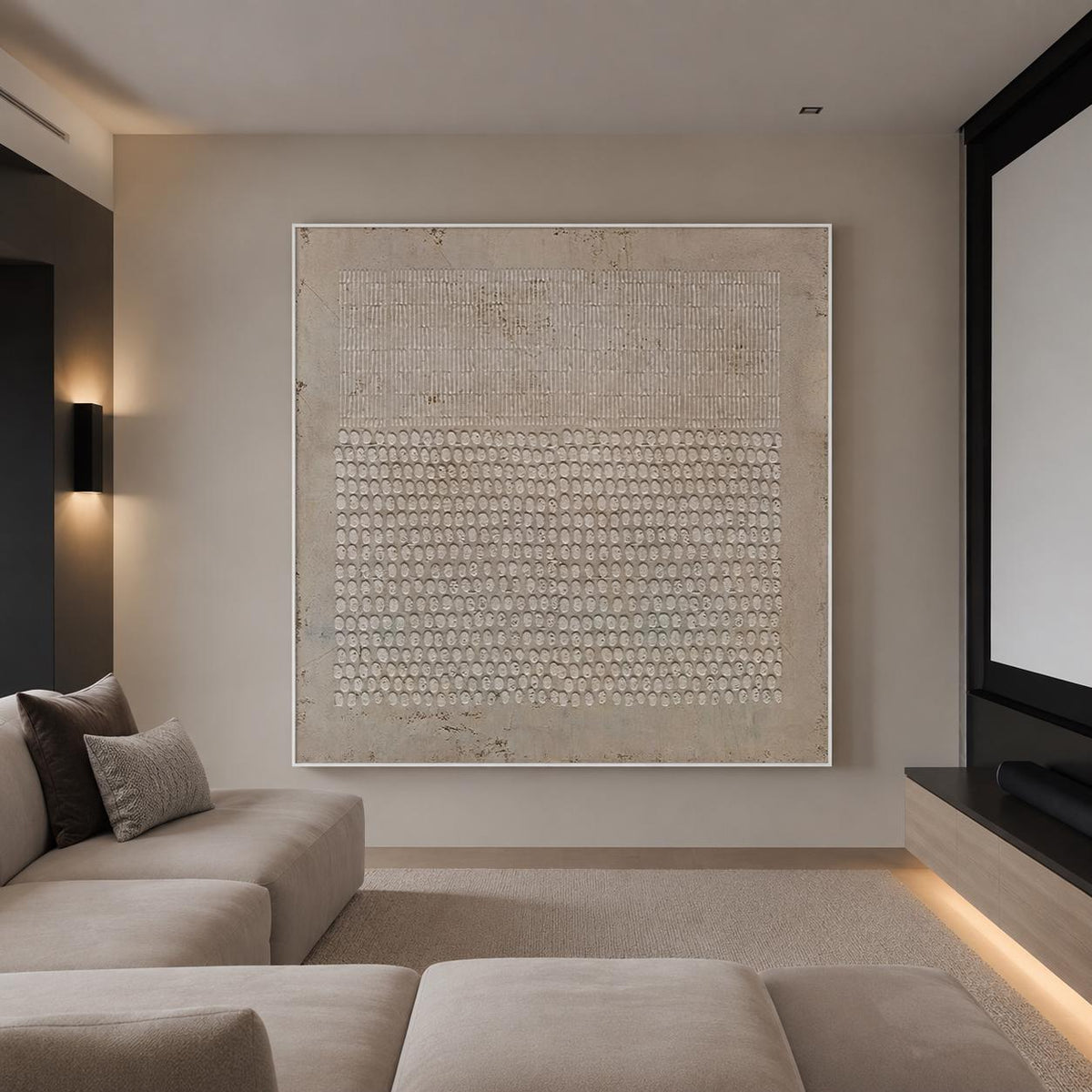 May include: A large square wall art piece featuring a beige textured background. The upper section displays a pattern of vertical lines, while the lower section consists of a dense grid of small, raised circular shapes in a neutral tone.