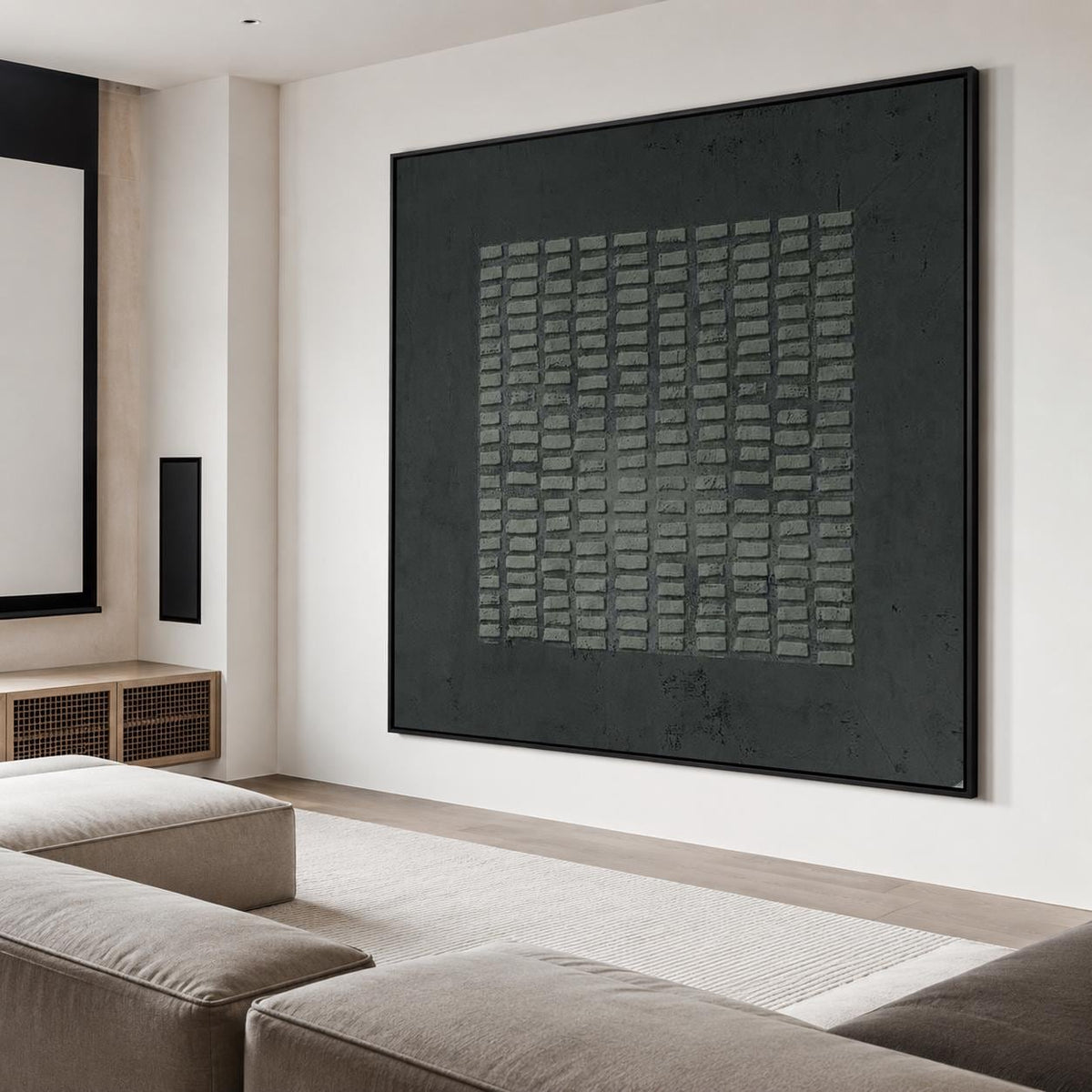 May include: A large, rectangular wall art piece featuring a dark charcoal gray background with a central square composed of a grid of raised, textured, light gray rectangular blocks, all enclosed within a thin, black frame.