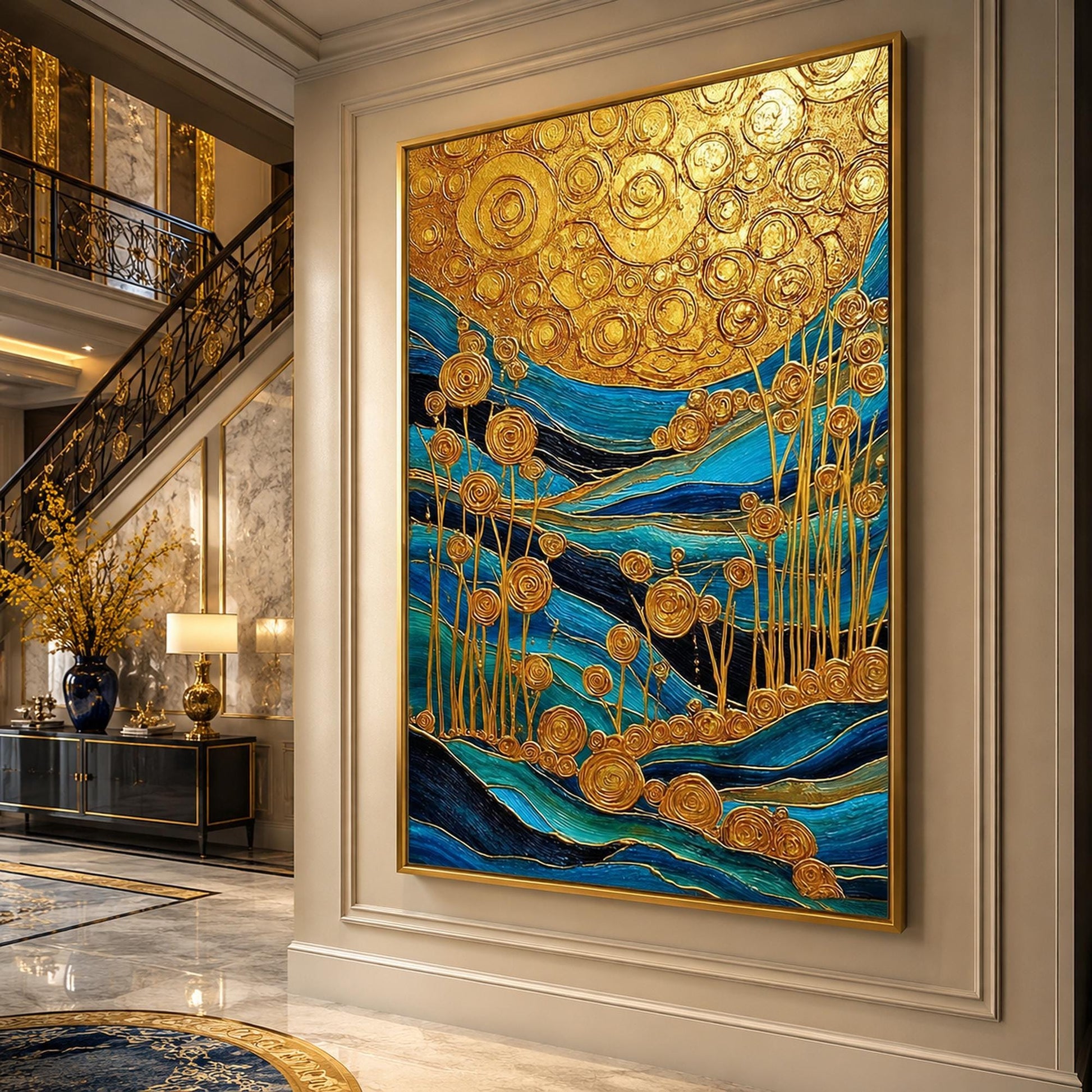 Original – Turquoise and Teal Floral Wall Art | Textured Oil Painting, view 2