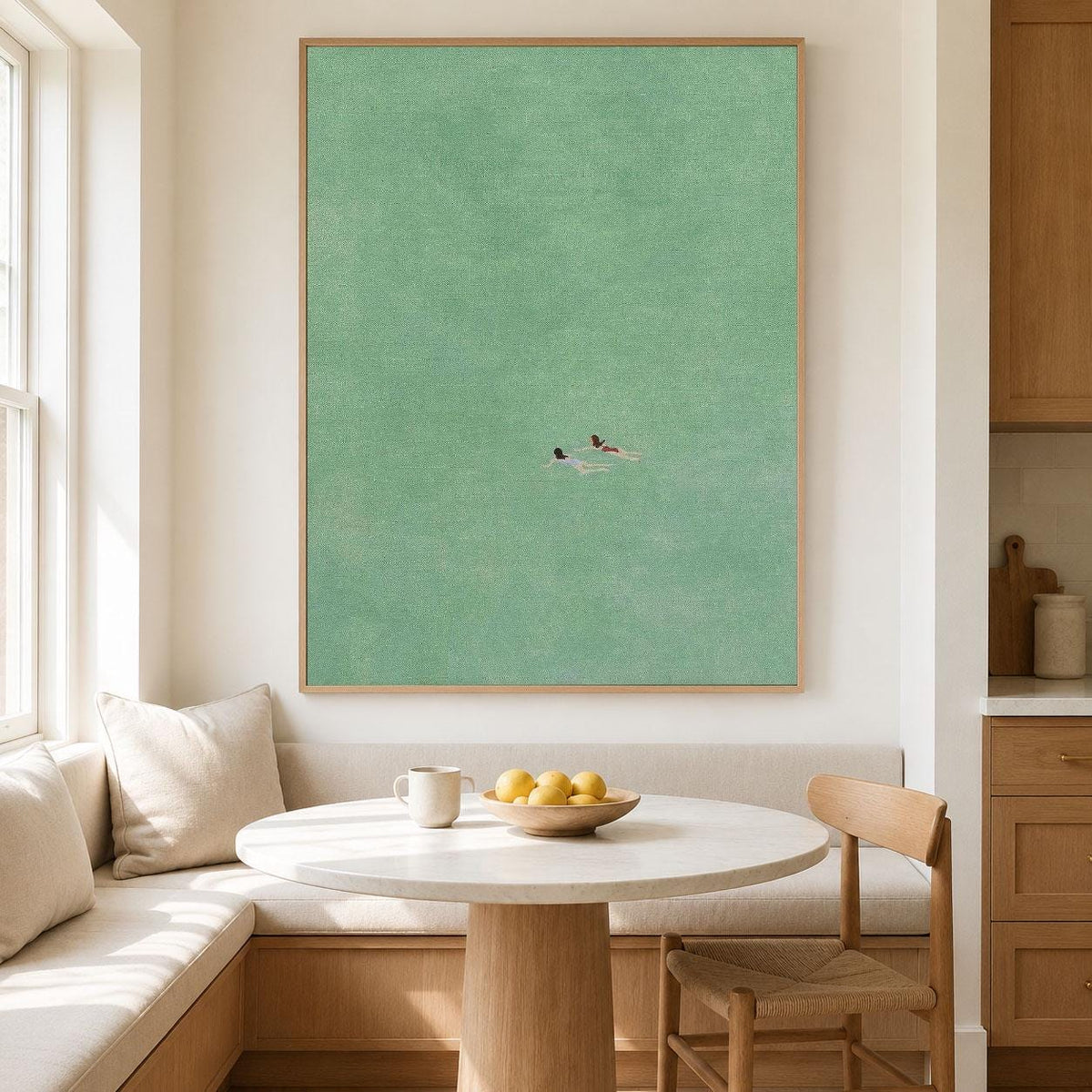 Sea Green Ocean Swimmers Wall Art Minimal Seascape Canvas Painting for Coastal Bathroom Decor
