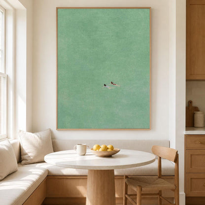 Sea Green Ocean Swimmers Wall Art Minimal Seascape Canvas Painting for Coastal Bathroom Decor
