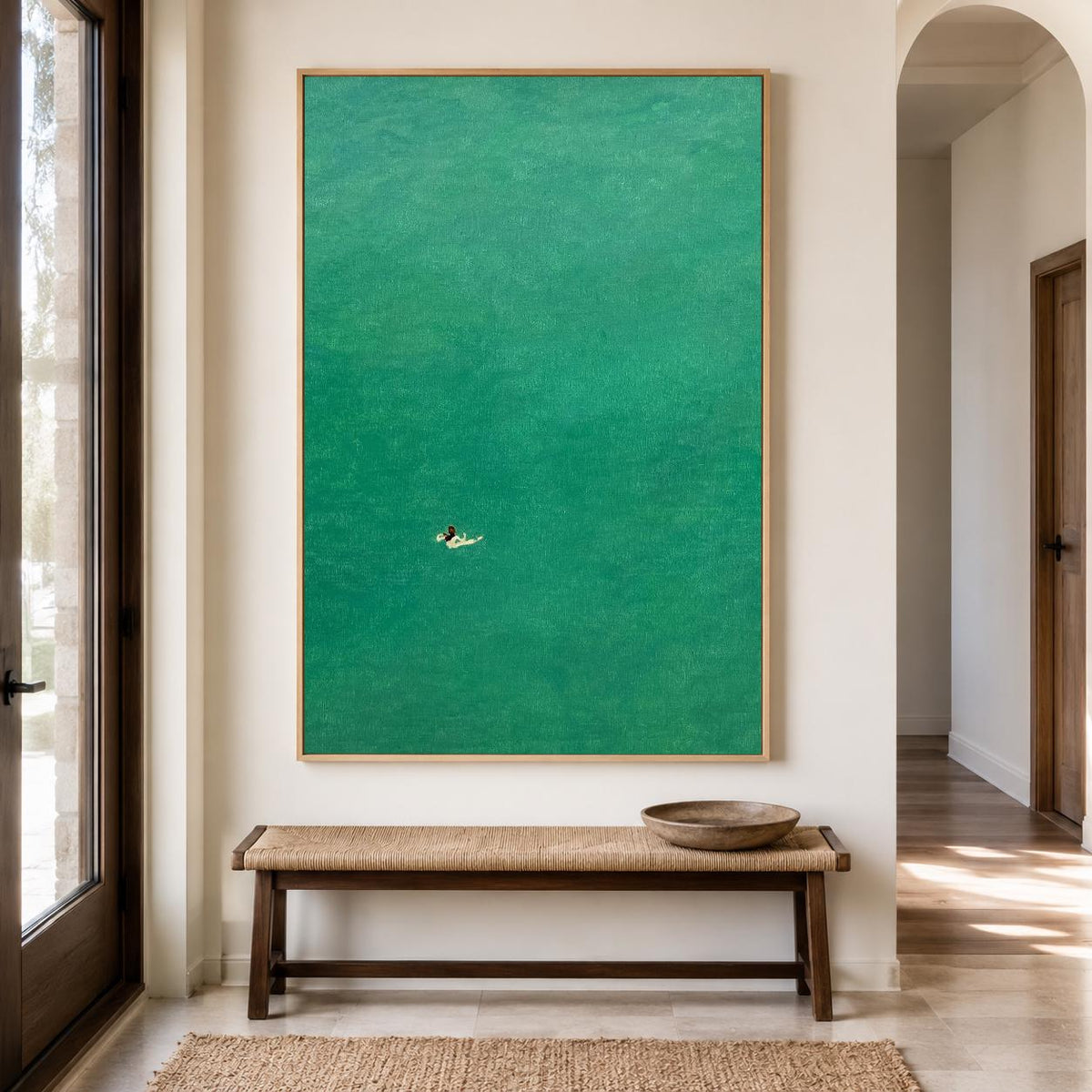 Single Swimmer Ocean Wall Art Teal Minimal Canvas Painting for Coastal Bedroom Decor