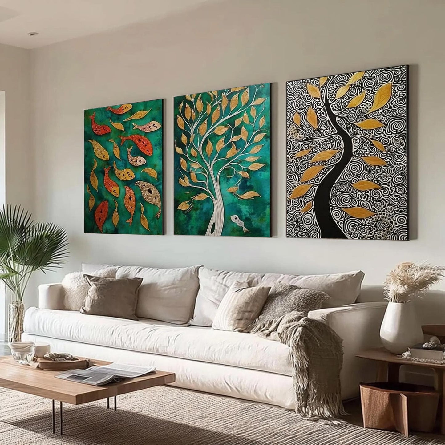 Original Oil Painting 3 Panel Set – Teal and Green Koi Fish Animal Wall Art | Oil Painting, view 2