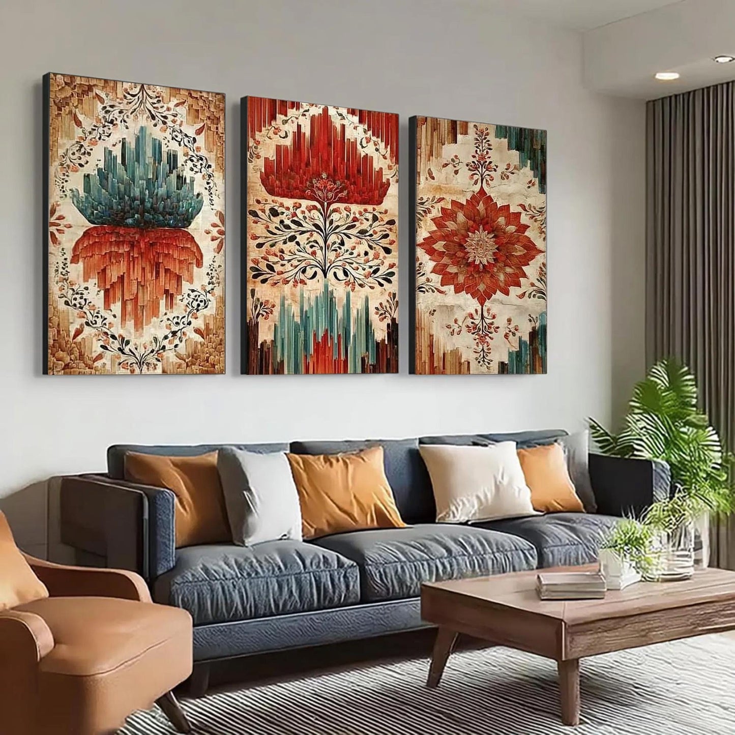 Original – Teal and Red Lotus Floral Wall Art | Oil Painting, view 3