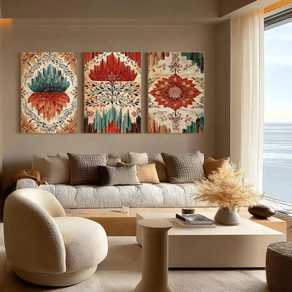 Teal and Red Lotus Floral Wall Art – Original Oil Painting 3-Panel Set