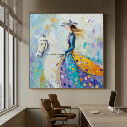 Teal and Amber Impasto Horse Animal Wall Art – Lady on White Horse Oil Painting