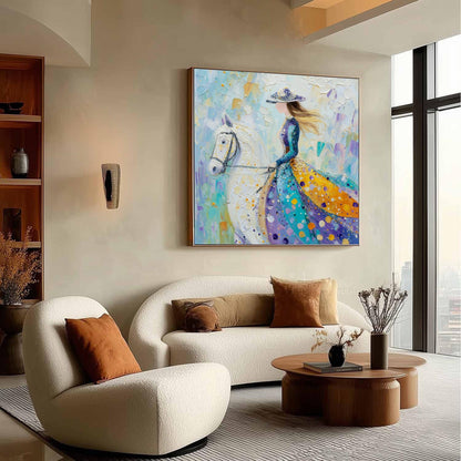 Teal and Amber Impasto Horse Animal Wall Art – Lady on White Horse Oil Painting