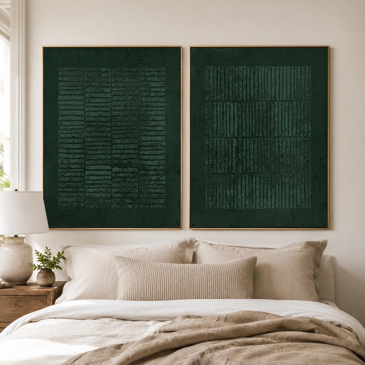 May include: Two rectangular wall art pieces in a deep forest green hue, each framed in a thin gold border. The artwork features a textured, raised pattern of vertical and horizontal lines arranged in a grid-like formation across the dark surface.