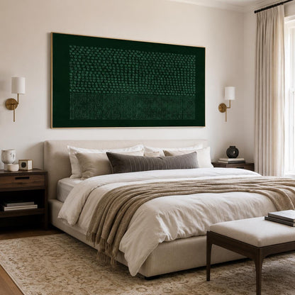 May include: A large rectangular wall art piece featuring a deep forest green background with a textured pattern of small dots in the upper section and vertical lines in the lower section, all enclosed within a thin gold-colored metal frame.