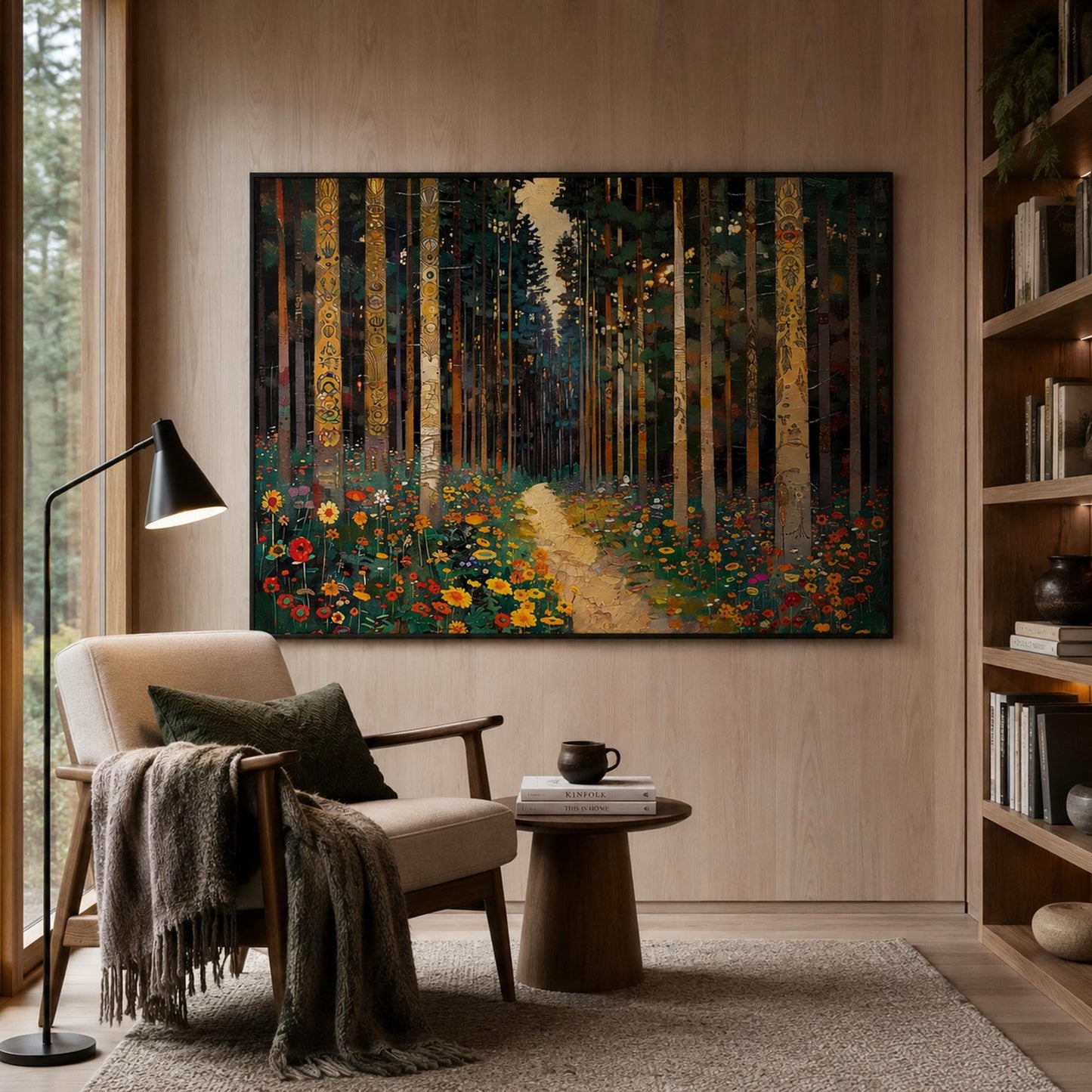 Emerald and Green Forest Tree Wall Art Oil Painting – Enchanted Klimt-Style Woodland Path