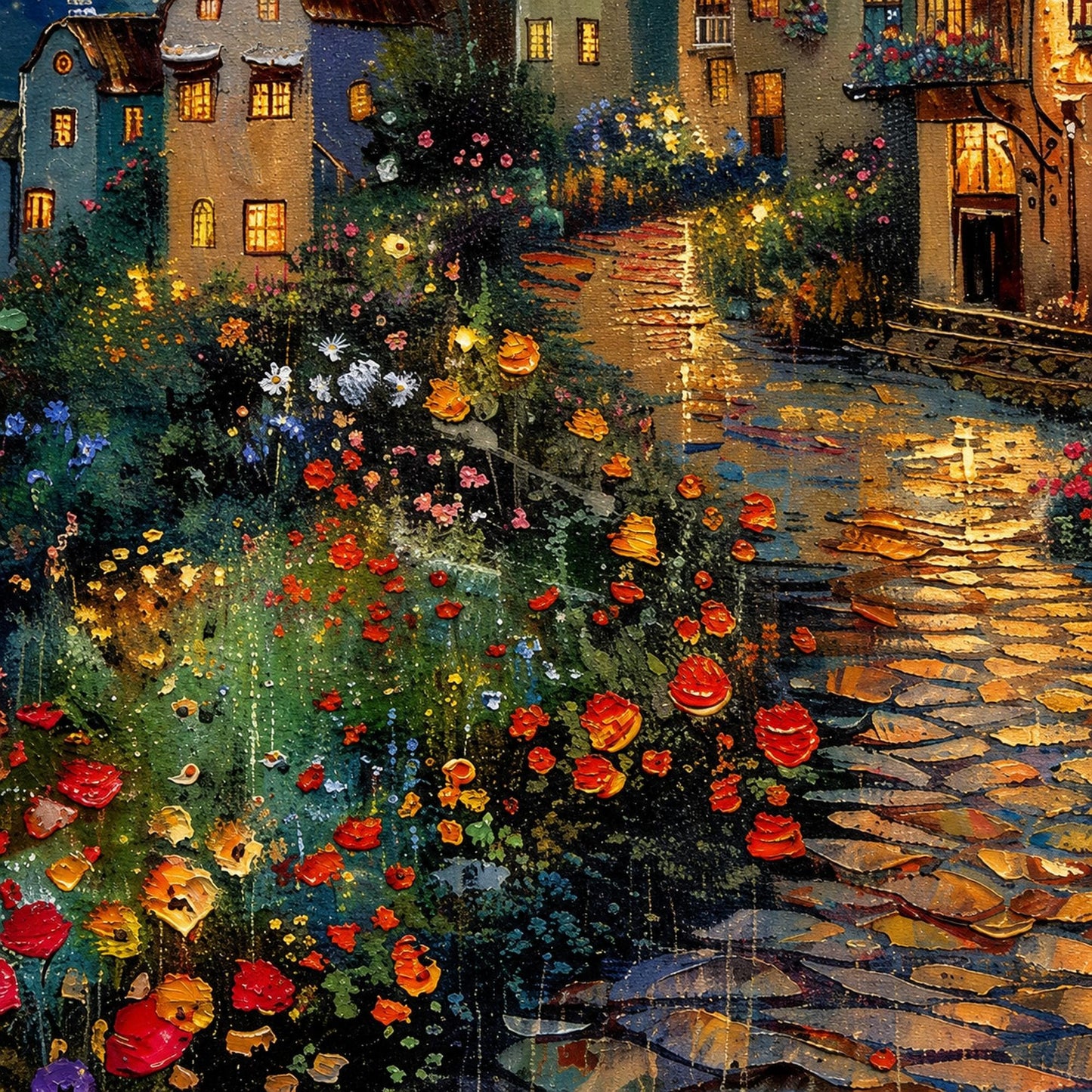 Magical Moonlit Village Painting Oil – Village City Architecture Wall Art | Impasto Painting, view 4