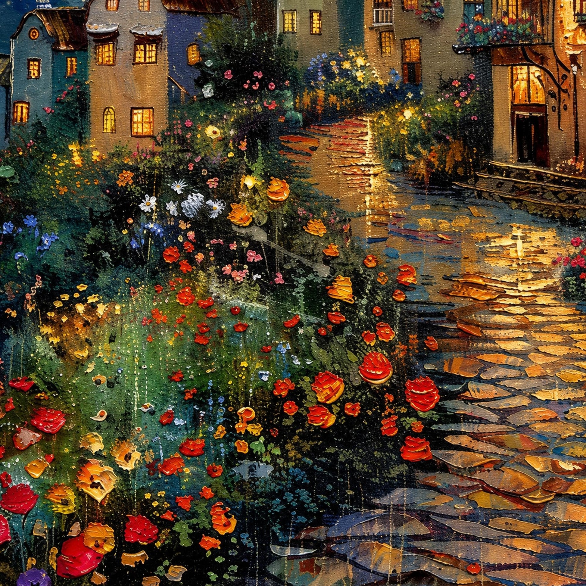 Magical Moonlit Village Painting Oil – Village City Architecture Wall Art | Impasto Painting, view 4
