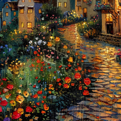 Magical Moonlit Village Painting Oil – Village City Architecture Wall Art | Impasto Painting, view 4