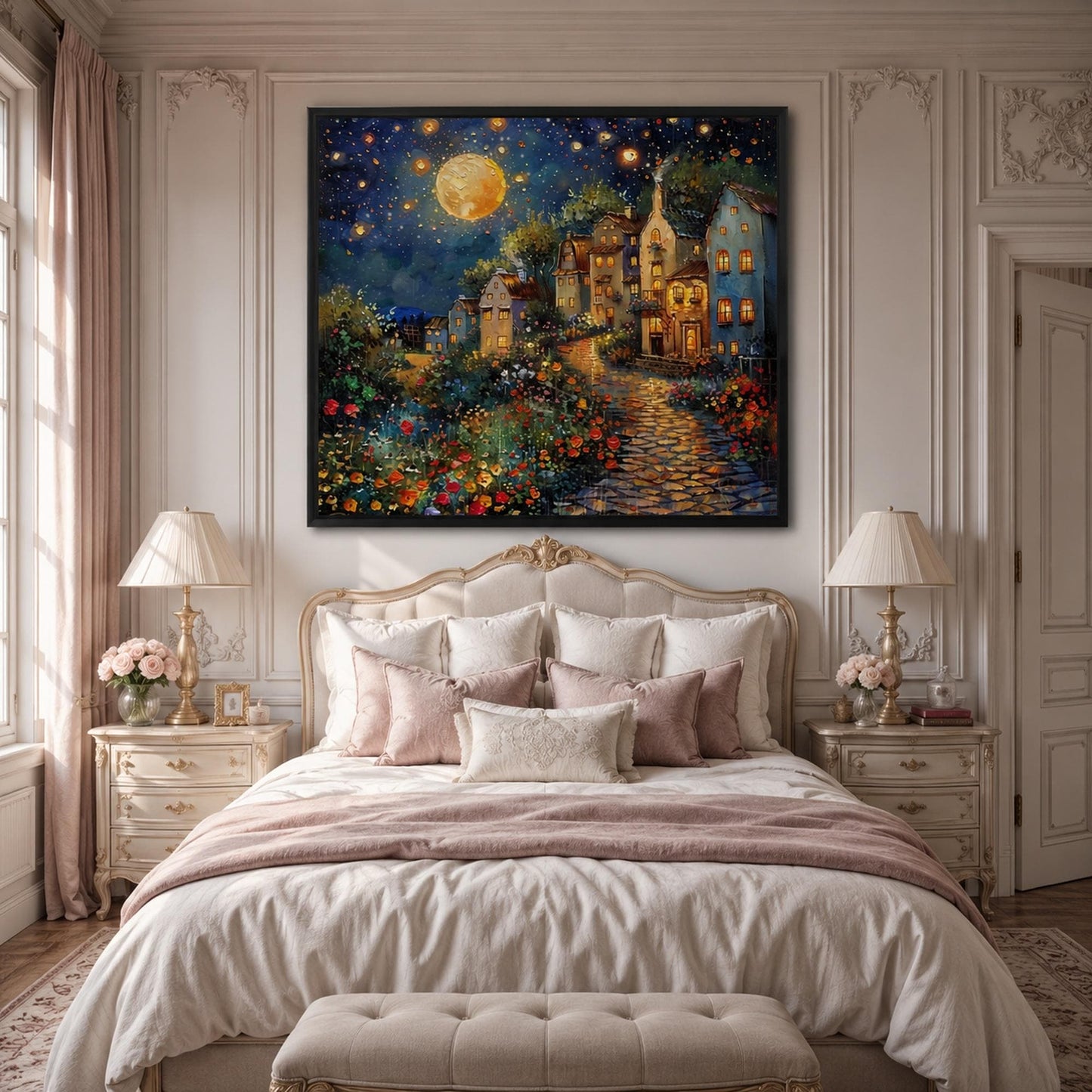 Impasto Village City Architecture Wall Art – Magical Moonlit Village Painting Oil