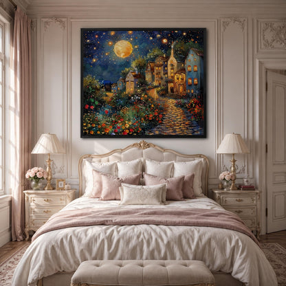 Impasto Village City Architecture Wall Art – Magical Moonlit Village Painting Oil